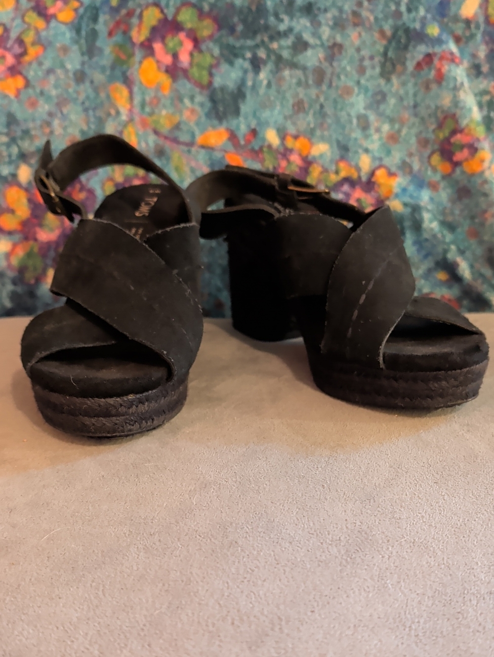 Toms Black Suede Crisscross Platform Wedge Sandals, Size 8